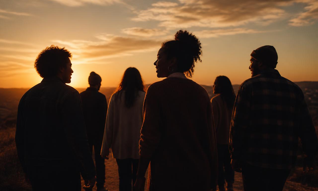 Gruppo di persone che cammina insieme al tramonto