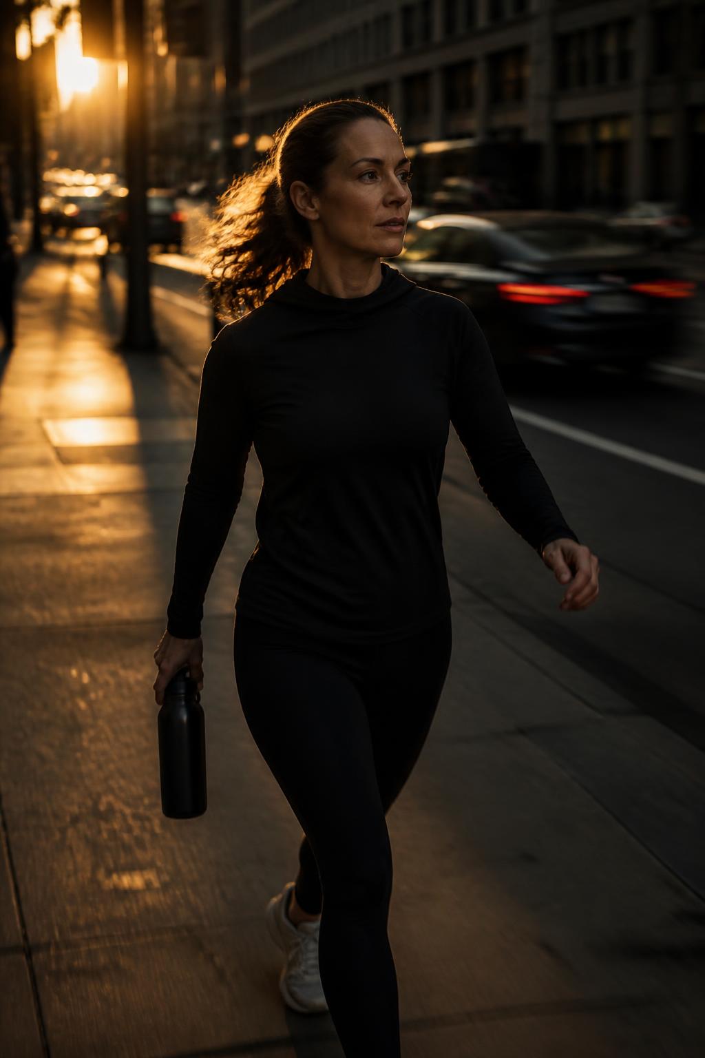 Donna adulta che cammina in città al tramonto, energia e movimento
